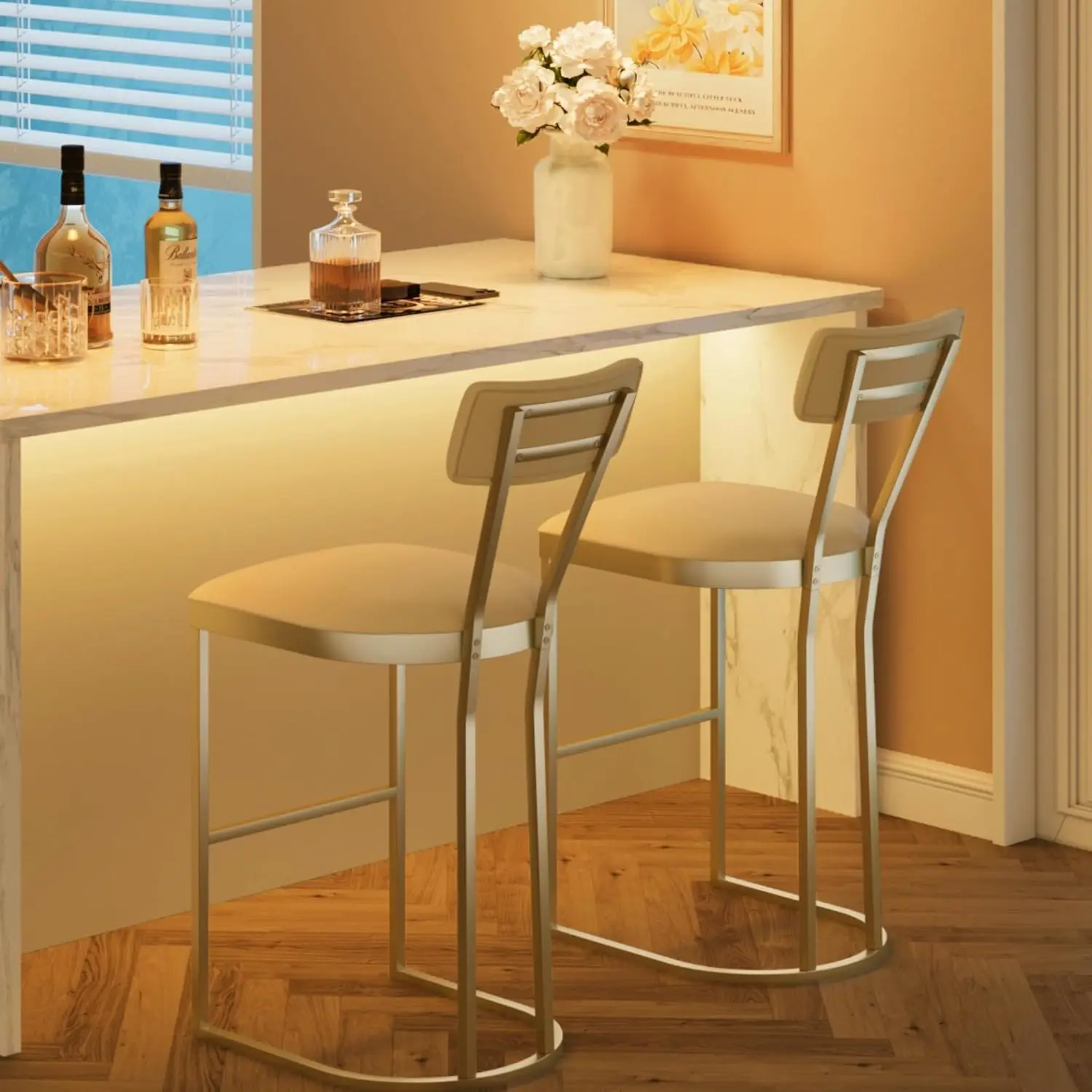 Set of 2 - High Back Counter Height Bar Stools with White Velvet Upholstery & Gold Metal Legs, Soft Padded Kitchen Island Stools