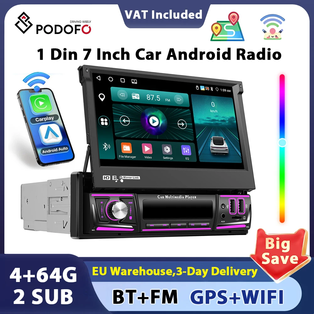Podofo 4+64G Android 1 Din Autoradio Multimedia-Player Carplay Android Auto Bluetooth WiFi GPS FM/RDS Radio Split-Screen