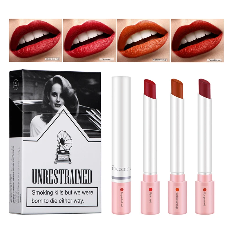 Juego de pintalabios de cigarrillo creativo, brillo de labios mate de 4 colores, esmalte de labios de larga duración, tubo de lápiz labial impermeable, tinte de labios rojo desnudo