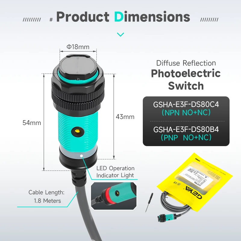 Sensor fotoeléctrico multitipo GEYA (10-500 cm) NPN/PNP DC10-30V IP66 para automatización industrial