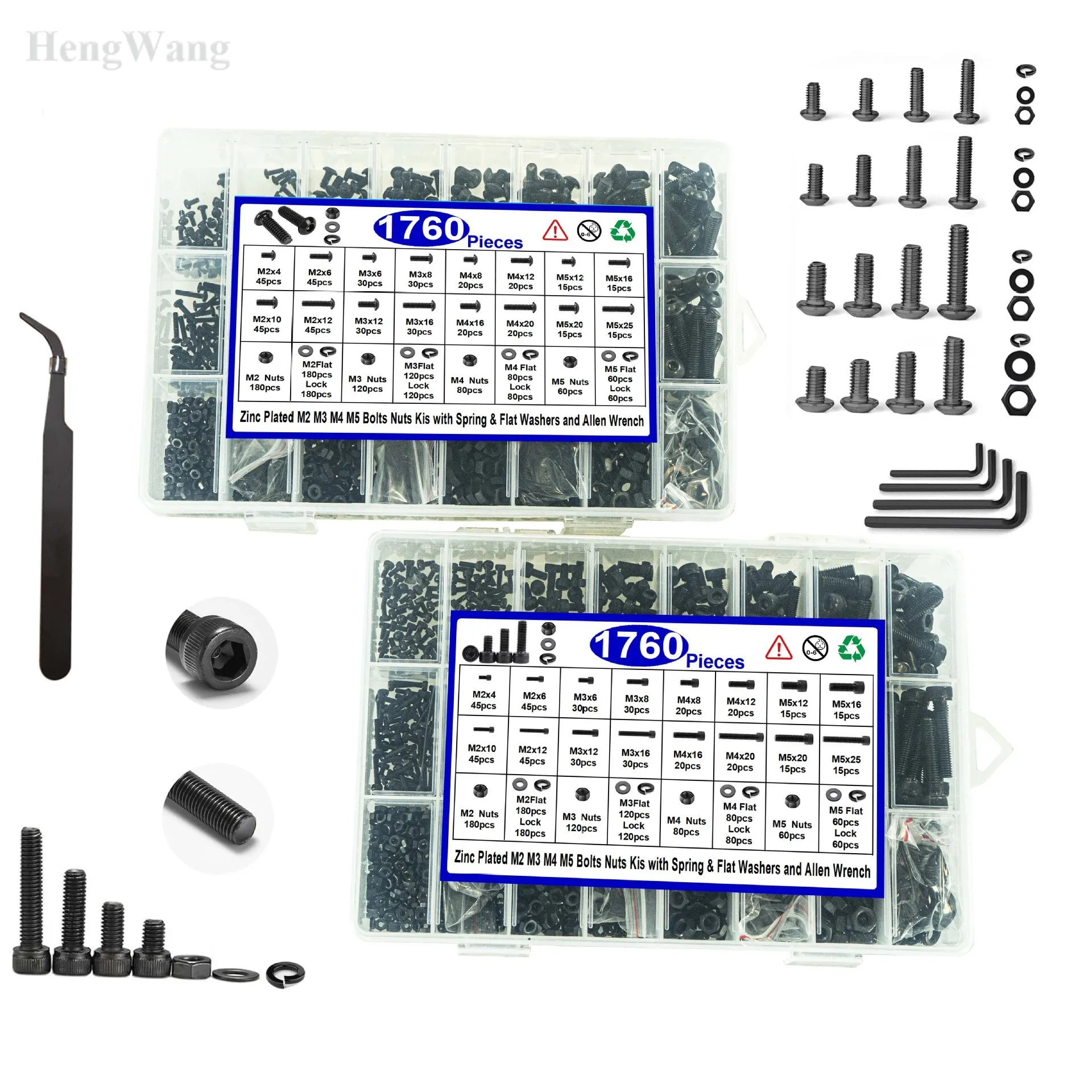 

Screw Set 1760Pcs M2 M3 M4 M5, Hex Socket Button & Round Head Screws with Nuts Washers, 10.9 Alloy Steel