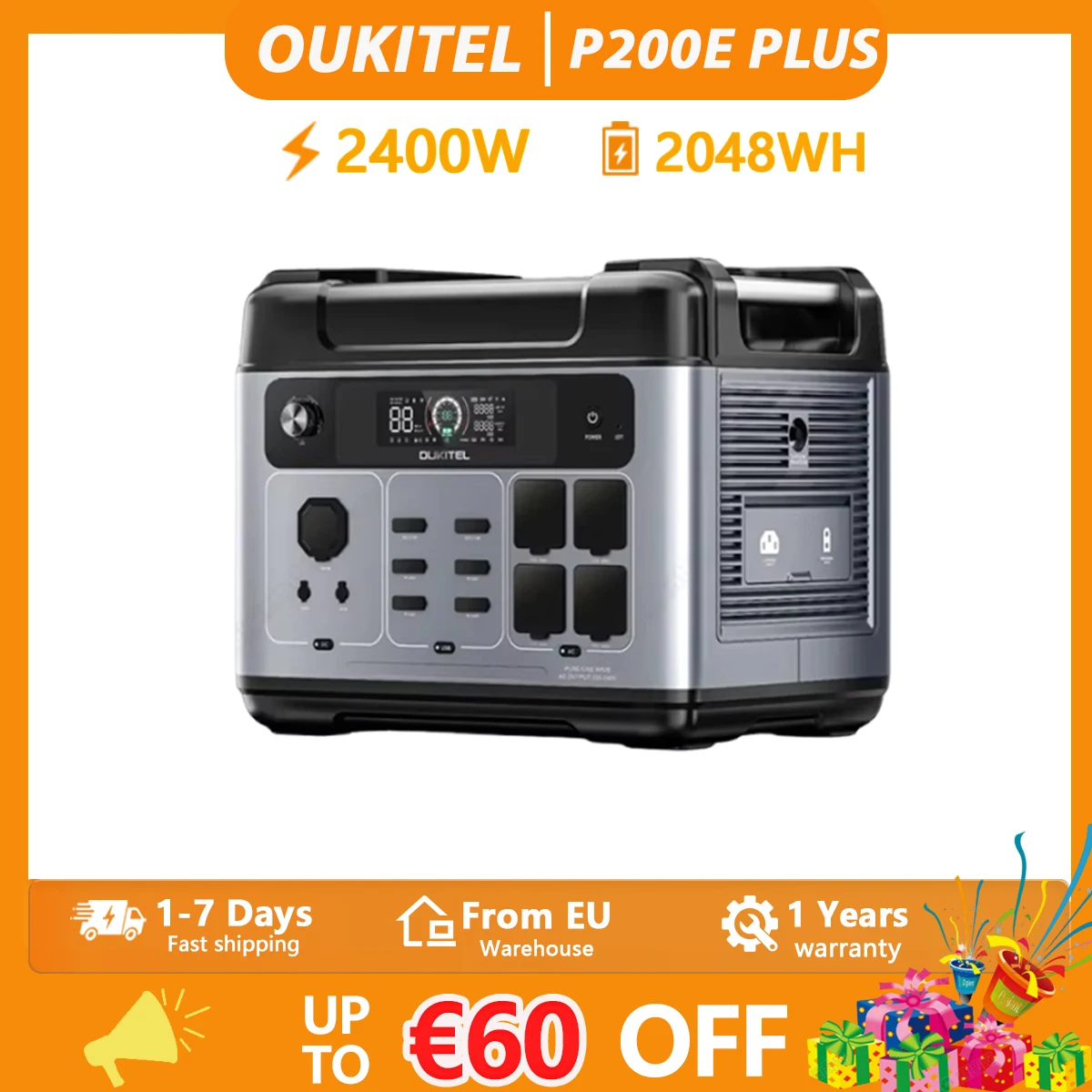 OUKITEL P2001E PLUS 2400W Portable Power 2048Wh Lifepo4 Battery Station Solar Generator Home Backup,Outdoor Camping Mobile power