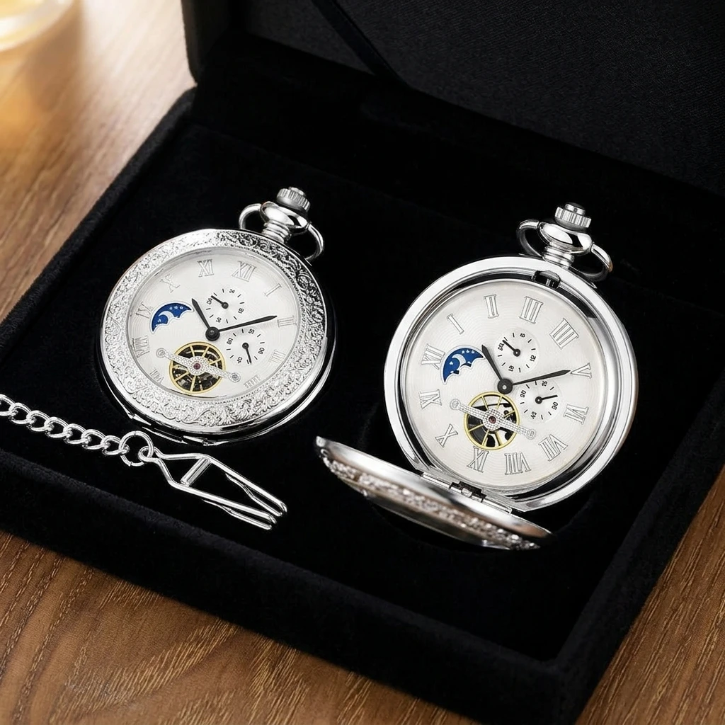 빈티지 기계식 포켓 시계, 문페이즈 스켈레톤 다이얼,  - Pocket Watch Mechanical Skeleton Vintage 리뷰 및 가격