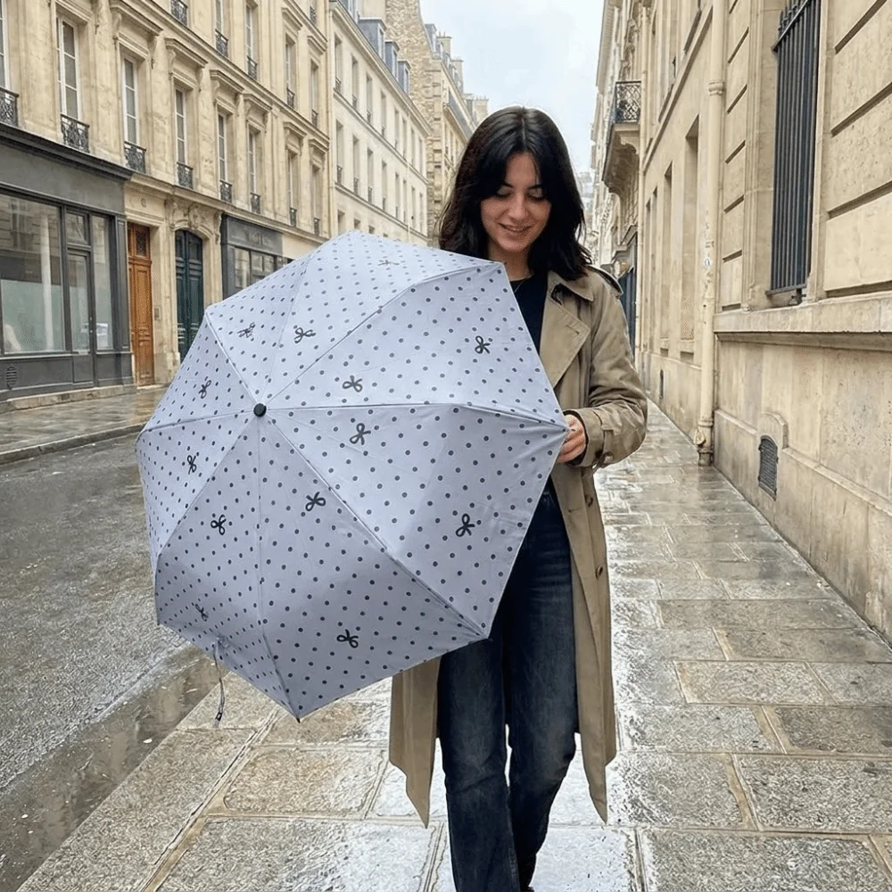 Polka Dot Bow Folding Umbrella Sun Protection Windproof UV Protection Umbrella with Storage Bag Hand Operated Parasol Daily Use view 4