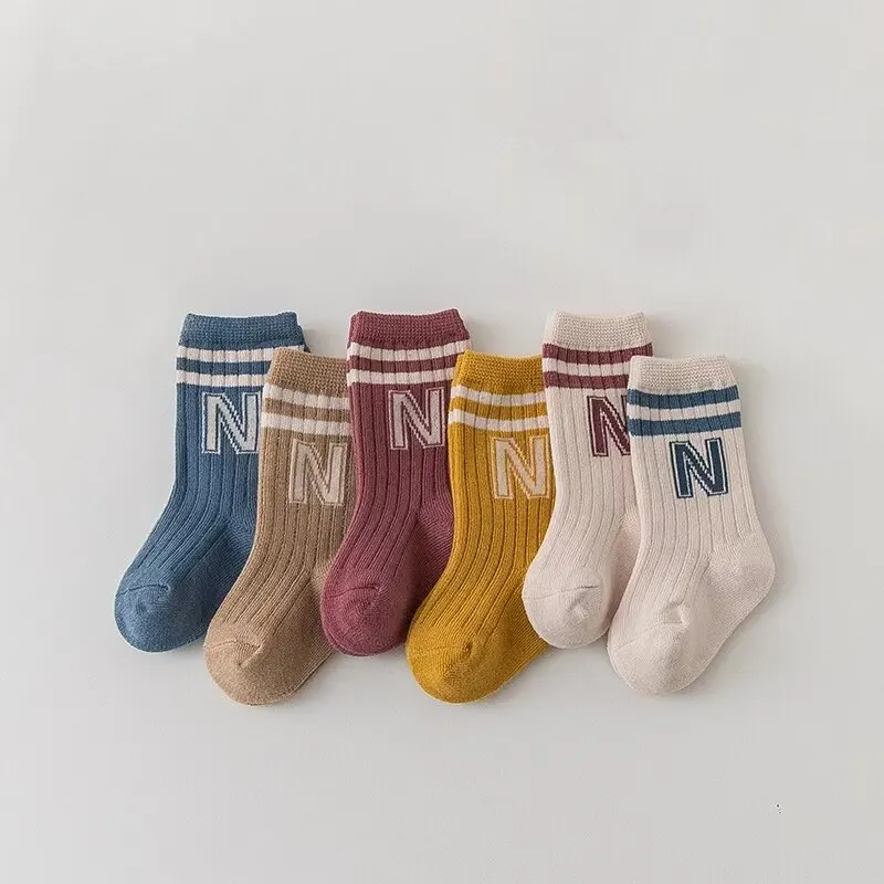 3Pairs/Lot Baby Letter Socks Knit Soft Cotton Sock Kids Long Knee High Socks Infant Toddler Baby Boys Girls Cute Stripe Socks