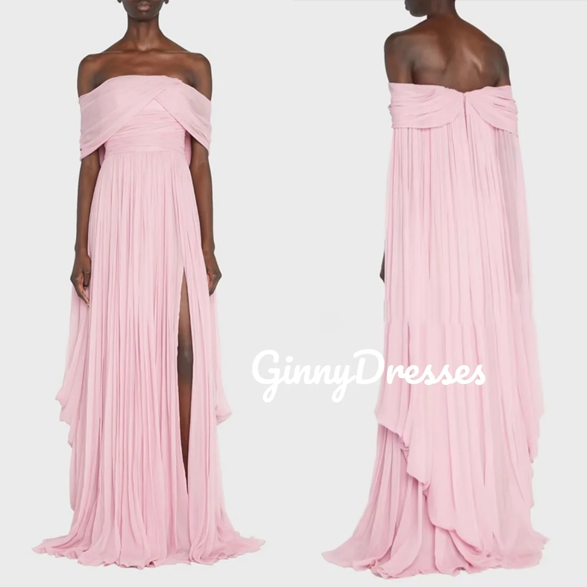 

Party Dresses Customize A-Line Off-The-Shoulder Zipper Up Elegant Party Dresses For Women Ruffle Short Sleeves Floor-Length Dres