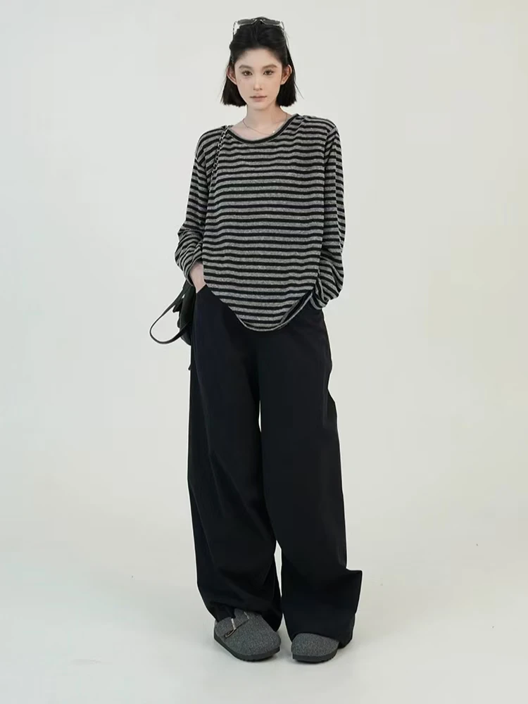 Herbst Frauen Harajuku Gestreiften T-shirt Lange Hülse O-ansatz Casual Oversize Top Femme Streetwear Schwarz Grau Lose Straße Tops Y2K – Detail 25