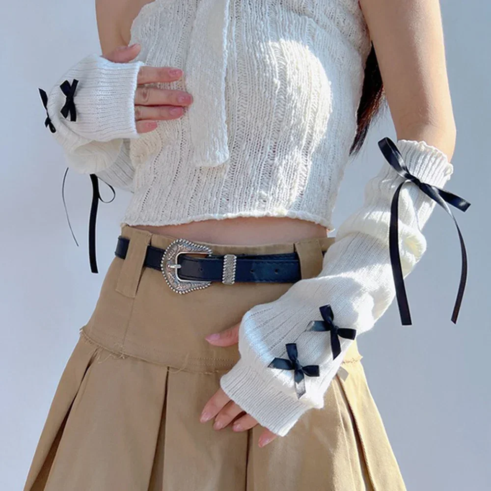 Lolita Female Y2K Fashion Arm Warmers Bowknot Soft Knitted Gloves Women Girl Half Finger Mittens Solid Color Thicken Arm Sleeves
