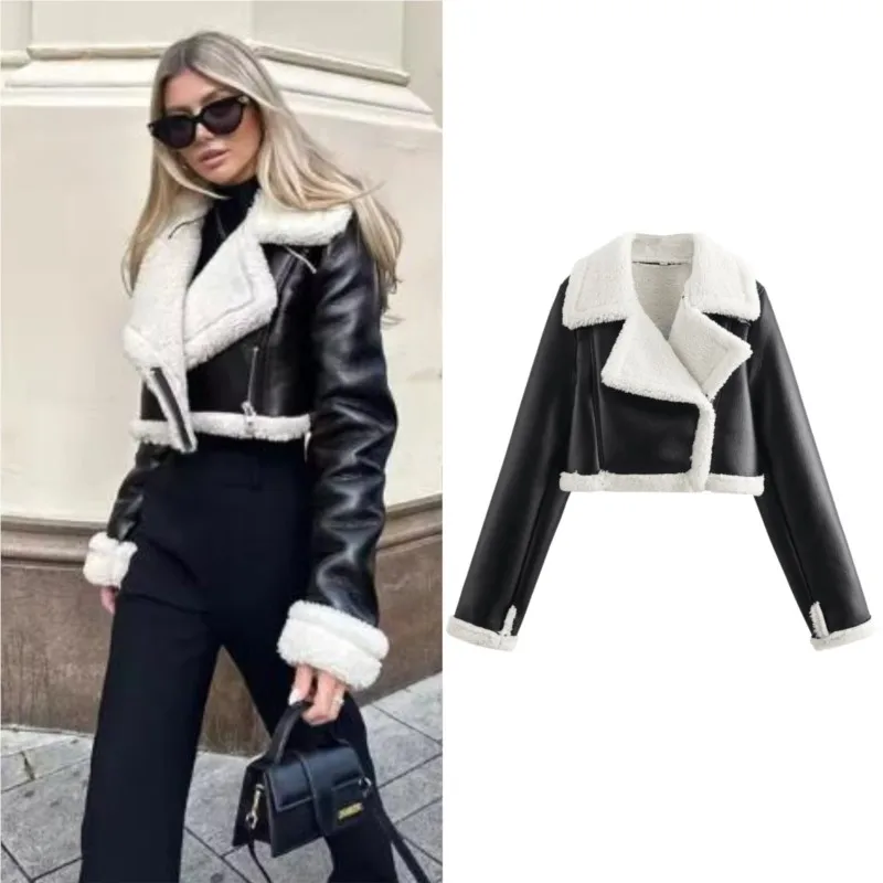 

Women Shearling Short Style Motorcycle Suit Jacket Fashion Warm Thick Lapel Coat Autumn Winter Vintage Female Chic Tops