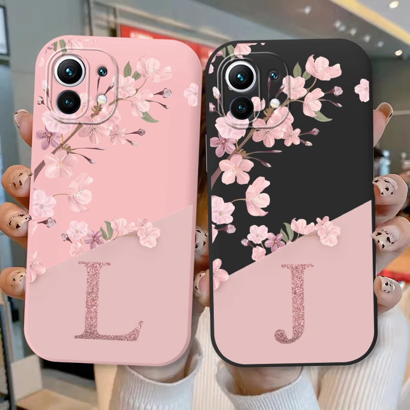 Cute Initial Letter Case For Xiaom Mi 11 Lite 5G NE Back Cover Simple Style Flower Soft Silicone Fundas For Xiaomi 11 Lite Bags