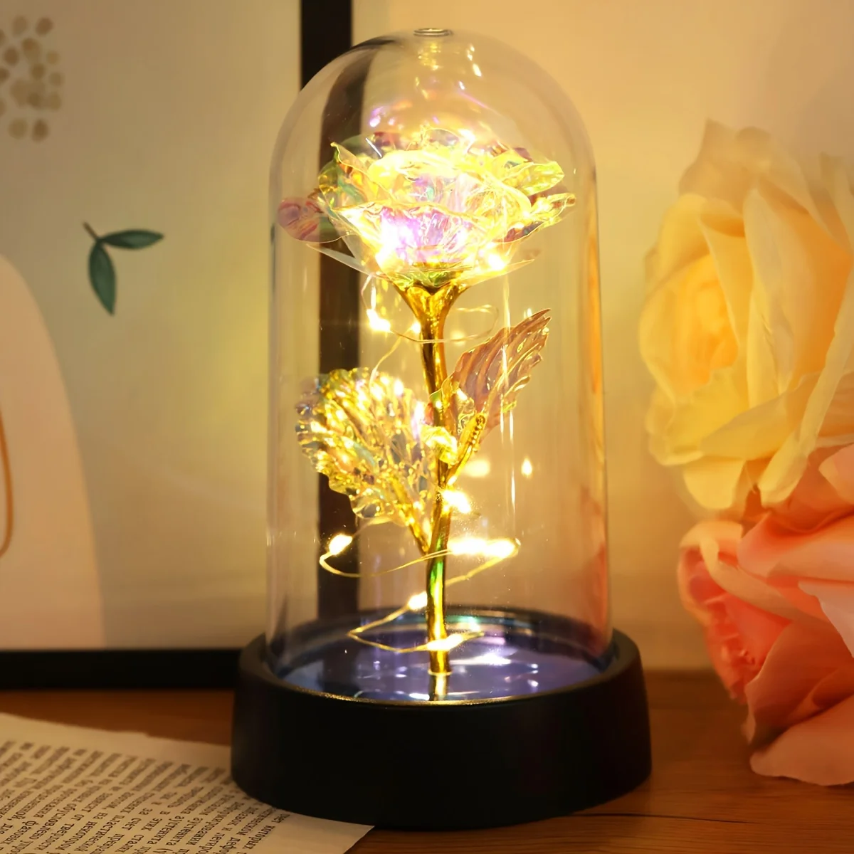 

1pc Golden Foil Rose Flower Night Light with Cover, Simulated Rose Lamp, Decor Flower Lights,For Wedding Party Decor Lights