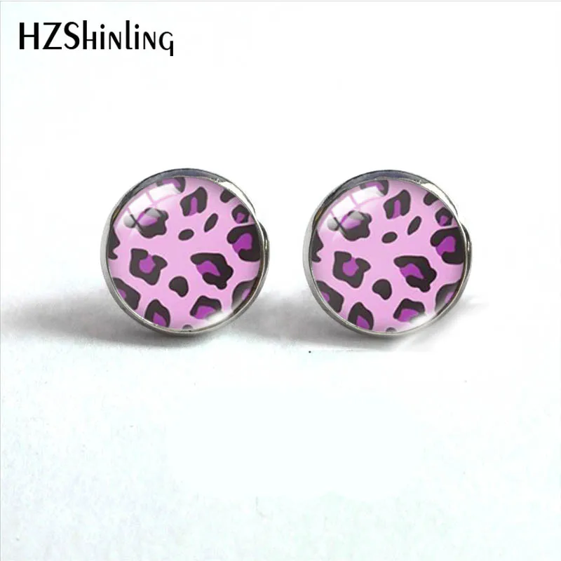 12mm Round Stud Earrings Animal Speckle Printings Pattern Glass Cabochon Stud Earrings Handmade Ear Jewelry for Women