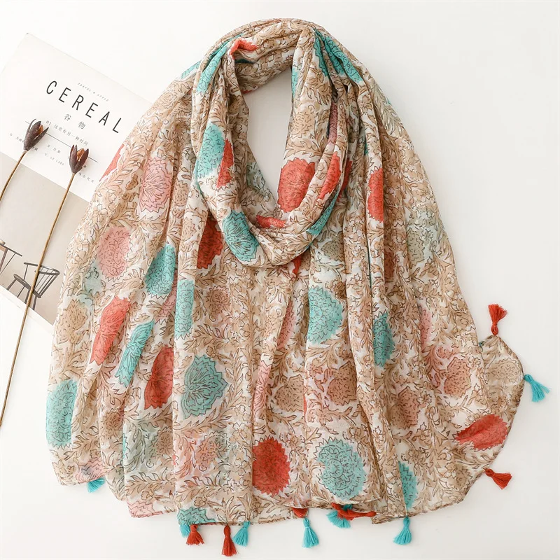 2024 New Summer Travel Sunscreen Scarves Bali Yarn Colorful Plants And Flowers Shawl Cotton Hemp Belt Scarf Woman