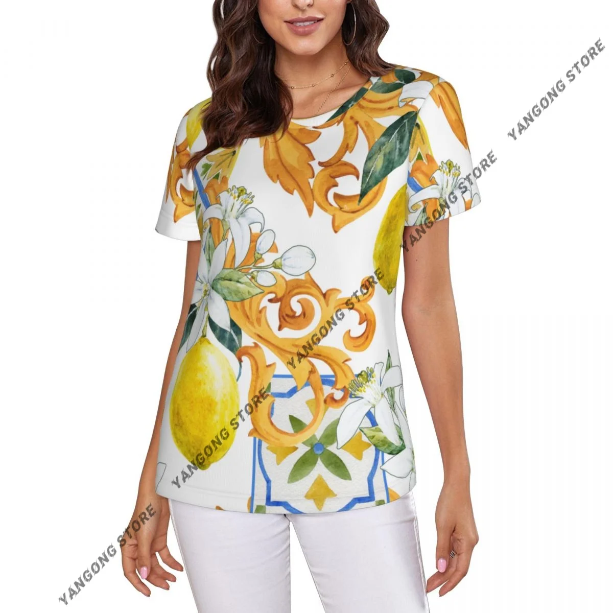 Women's T-shirt ladies casual Golden Monograms And Flowers Of Lemon female T-shirt short-sleeved T-shirt summer thin tops