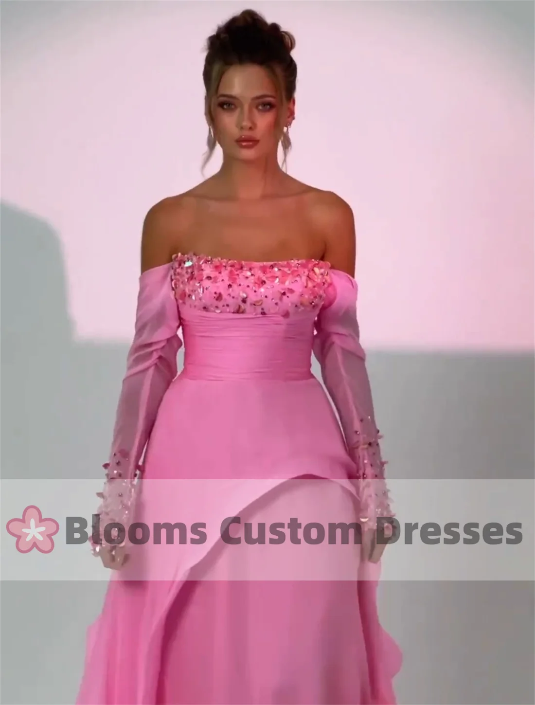 Blooms Beaded Exquisite Long Sleeves Customized Prom Dress A-Line Sequined Party Gown Off Shoulder Formal Evening Dress