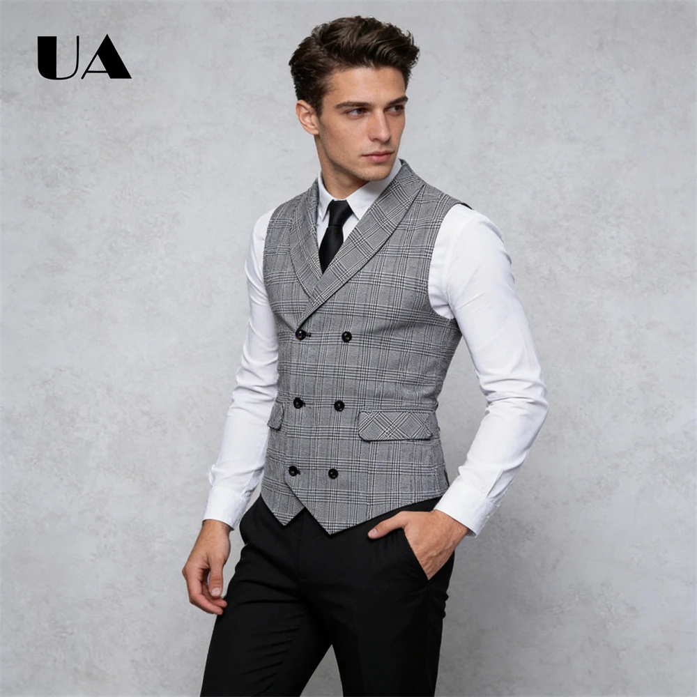 

Grey Plaid Double Row Suit Vest for Men, M-4XL Men's Formal Waistcoat Shawl Collar Business Vest