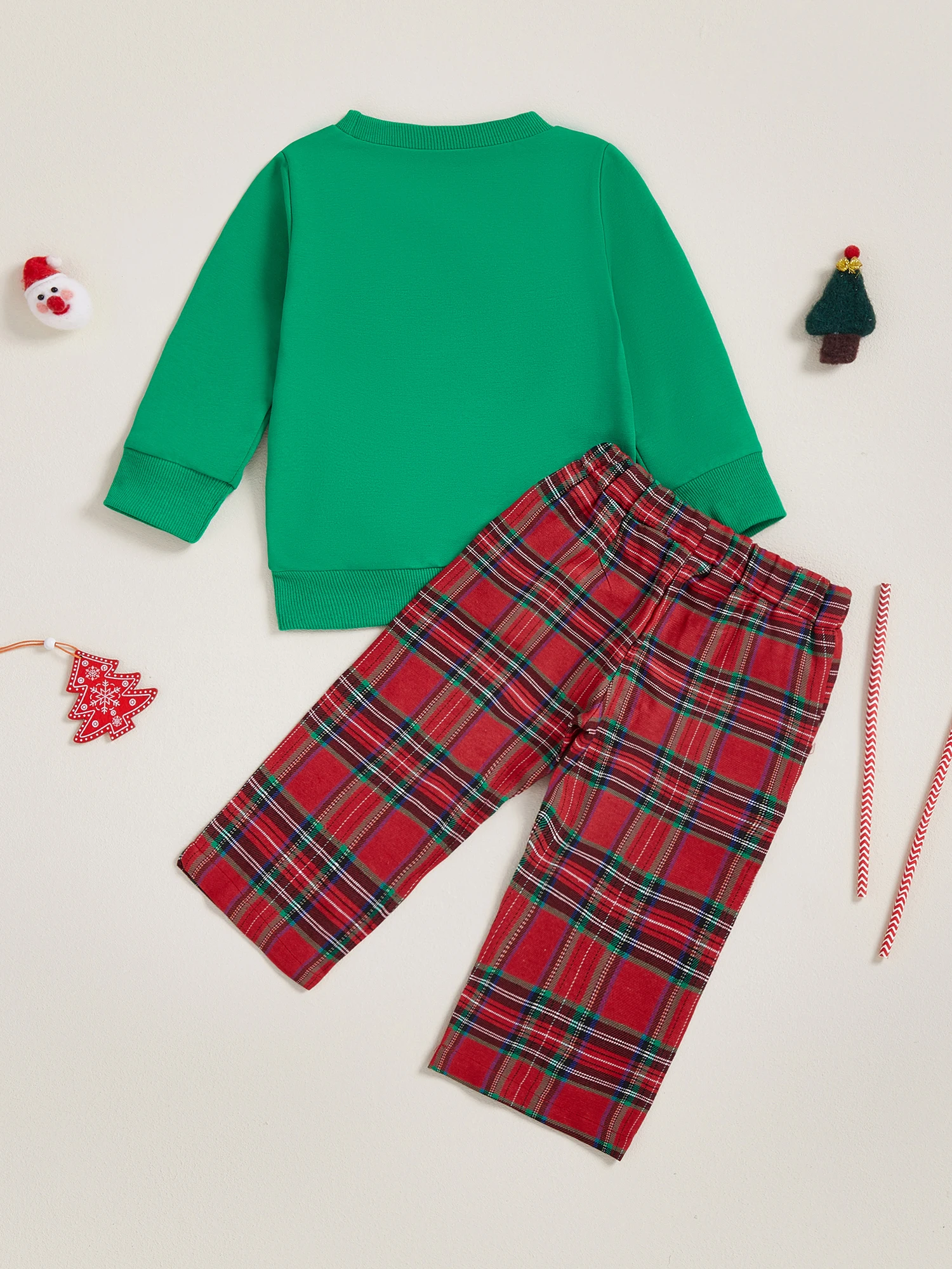

Boys Christmas 2Pcs Outfits Long Sleeve O Neck Reindeer Embroidery Tops Plaid Pants Sets with Matching Santa Hat