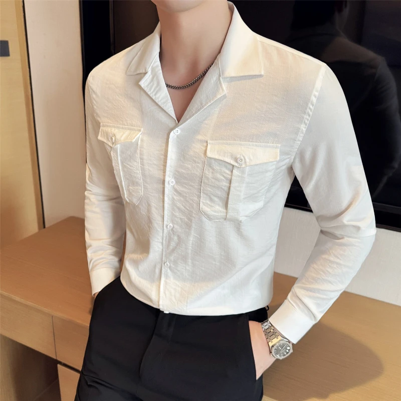 

Streetwear Cotton Linen Cuban Collar Long Sleeved Men Shirts Fashion Double Pockets Slim Man Casual Shirt Vintage Mens Clothing