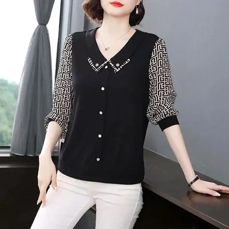 Fashion Printed Patchwork Blouse Casual Turn-down Collar Female Clothing Chic Pearl Button 2023 Spring Autumn Long Sleeve Shirt