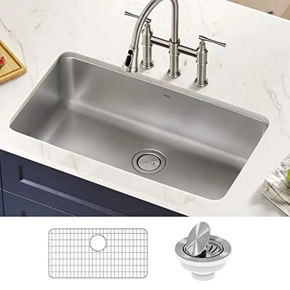 33-Inch Stainless Steel Single Bowl Undermount Kitchen Sink with NoiseDefend Soundproofing and Rear-Set Drain Easy to Clean and