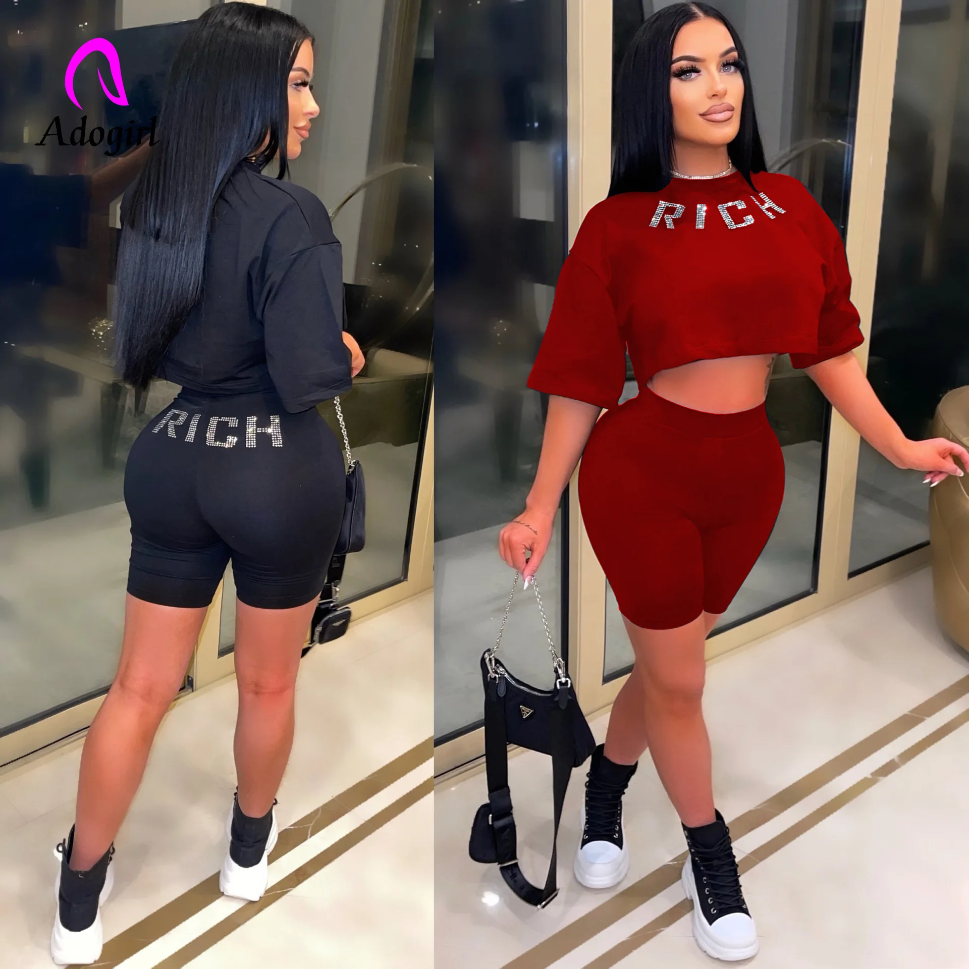 

Crystal Letter Women 2 Piece Set Fitness Short Sleeve Sweatshirt Biker Shorts Suit 2022 New Fitness Workout Activewear Tracksuit