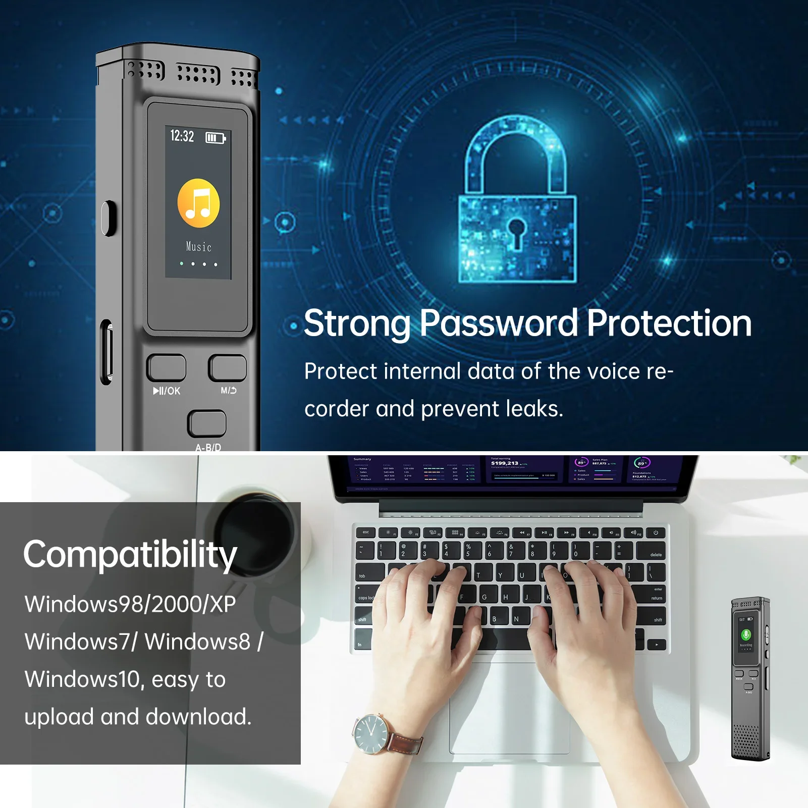 مسجل صوت رقمي 64 جيجابايت/16 جيجابايت/8 جيجابايت، تسجيل صوتي منشط، تقليل الضوضاء مع تشغيل مشغل موسيقى MP3 288 ساعة #4