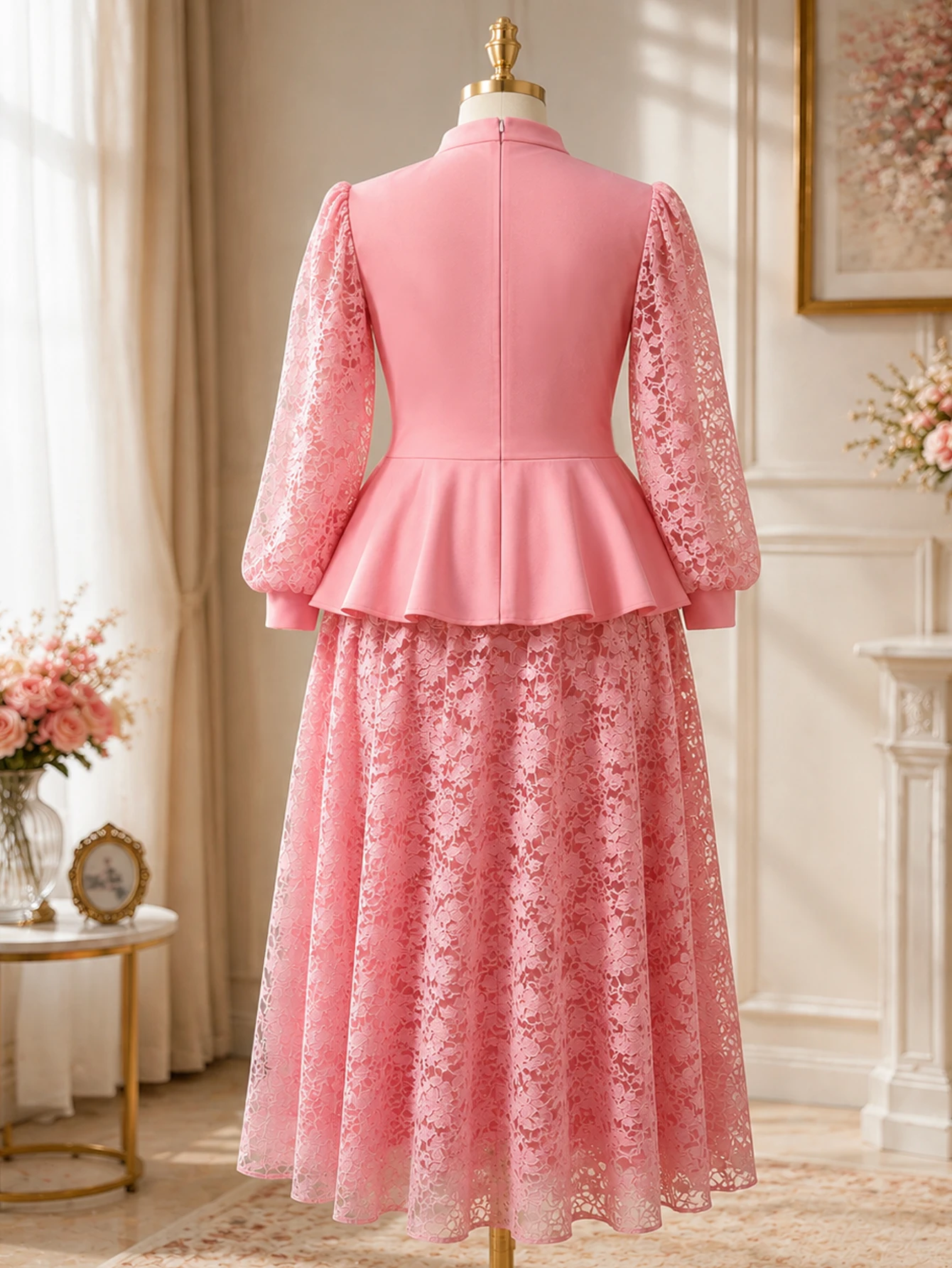Elegant Women Lace Two Piece Set Stand Collar Lantern Sleeve Peplum 3D Floral Top Skirt Party Church Wedding Guest Event Outfit