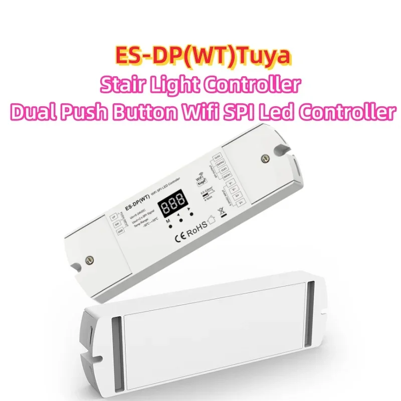 

ES-DP(WT) Tuya Control WiFi SPI Dual Push Button Stair Light Controller DC5-24V for for WS2811/2812 SK9822 RGB/White Pixel Light