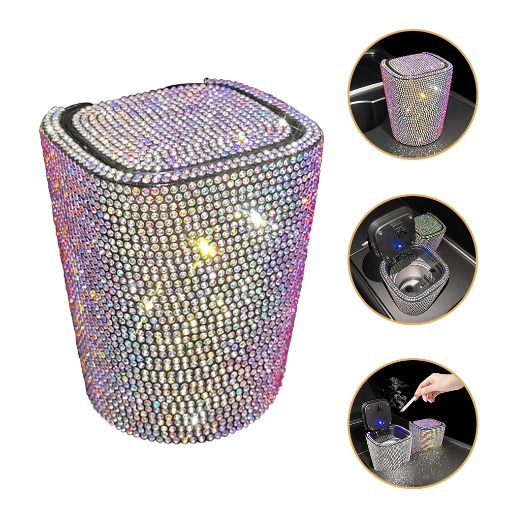 

Bling For Car With Lid Led Light Smokeless Auto Ashtray Cup Compact Rhinestone Car Ashtray Container Easy Carry Sparkly Design