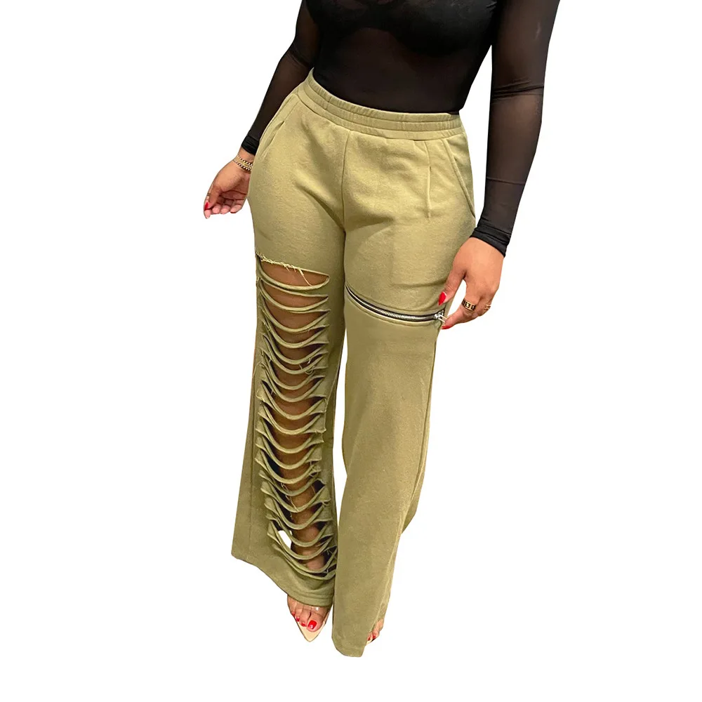 여성용 루즈 캐주얼 팬츠 신상품 홀로우 아웃 지퍼 루즈 핏 편안한 라이오셀 섬유 롱 팬츠 패셔너블