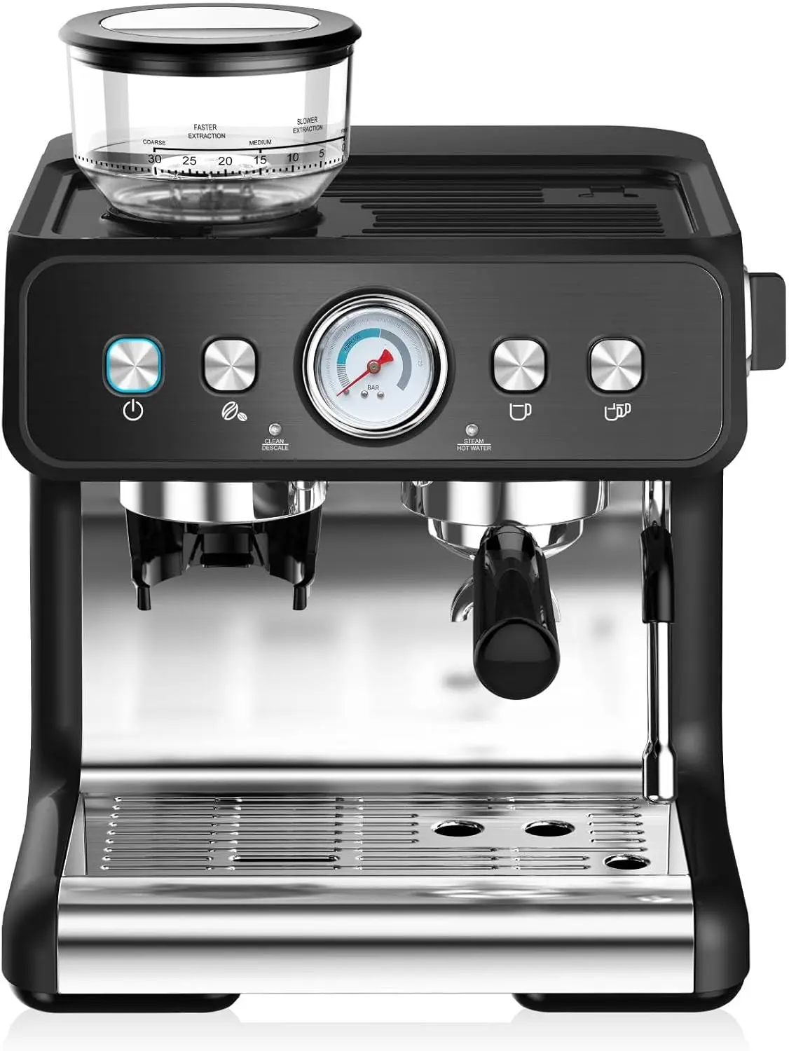 

Coffee Machine with Built-in Grinder – 20 Bar Compact Stainless Steel Coffee Maker, 2.8L Removable Water Tank, Milk Frothing Ste