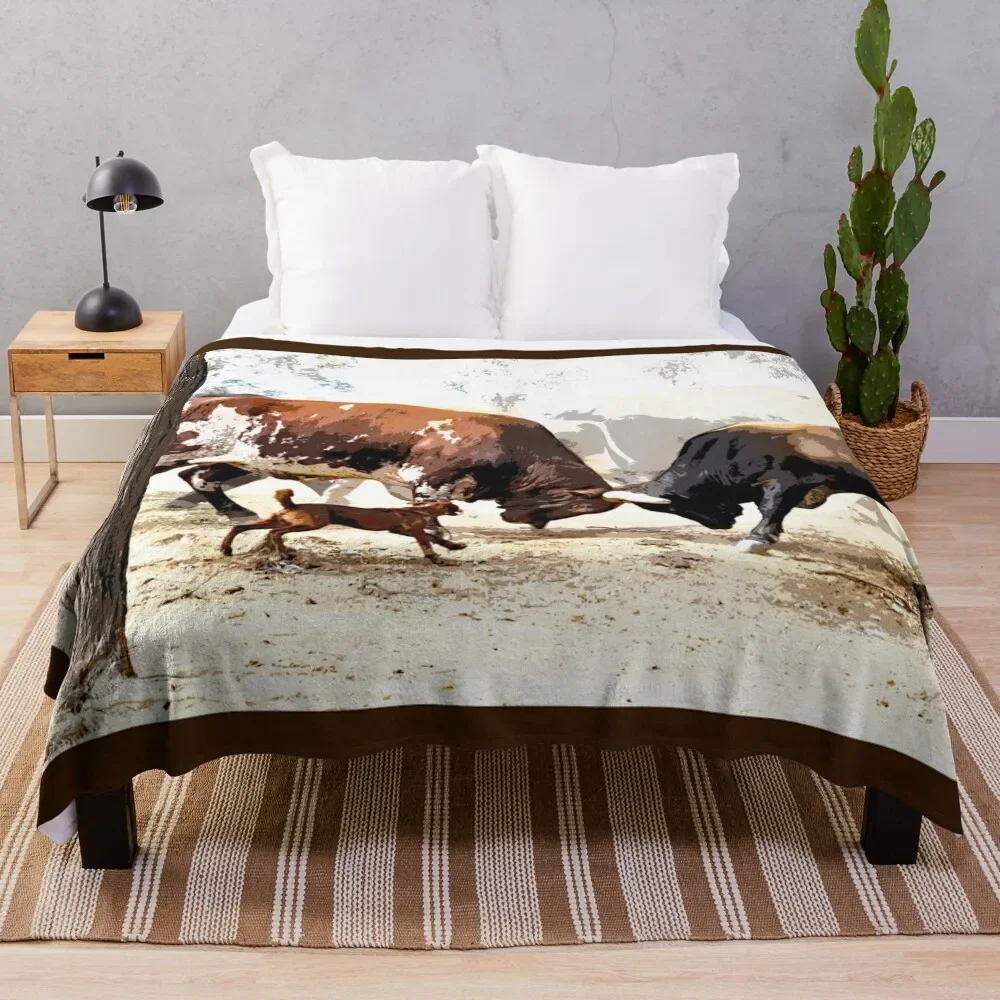 

BULLS FIGHTING, COUNTRY SCENE WALL ART AND DESIGNS Throw Blanket Portable Lightweight Blanket for Travel Camping