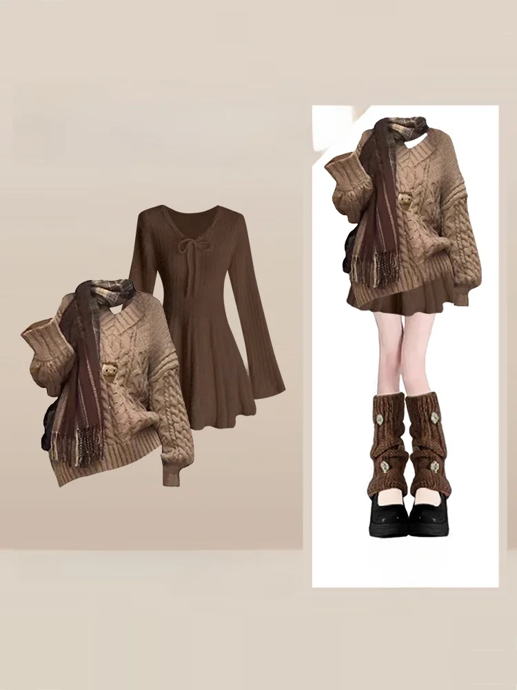 Inverno faion camisola de malha feminina dr conjunto de duas peças preguiçoso sle emagrecimento eficaz longo sve redondo ne solto ajuste