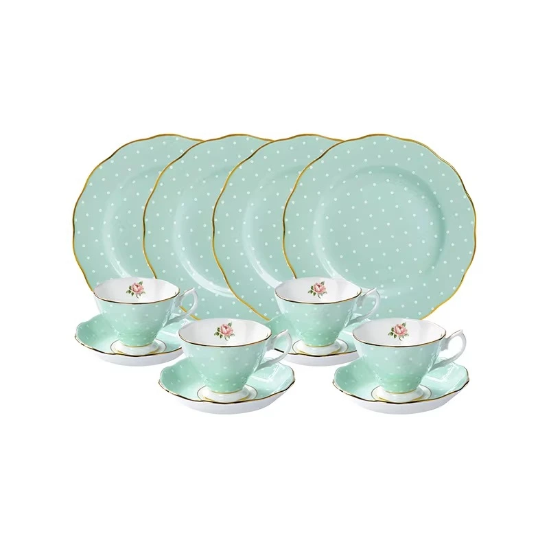 

Polka green rose, coffee cup tea cup snack plate set