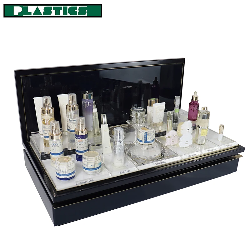 Custom Shop Retail Counter Advertising Acrylic Cylinder Cosmetic Makeup Display Stand With Led Light