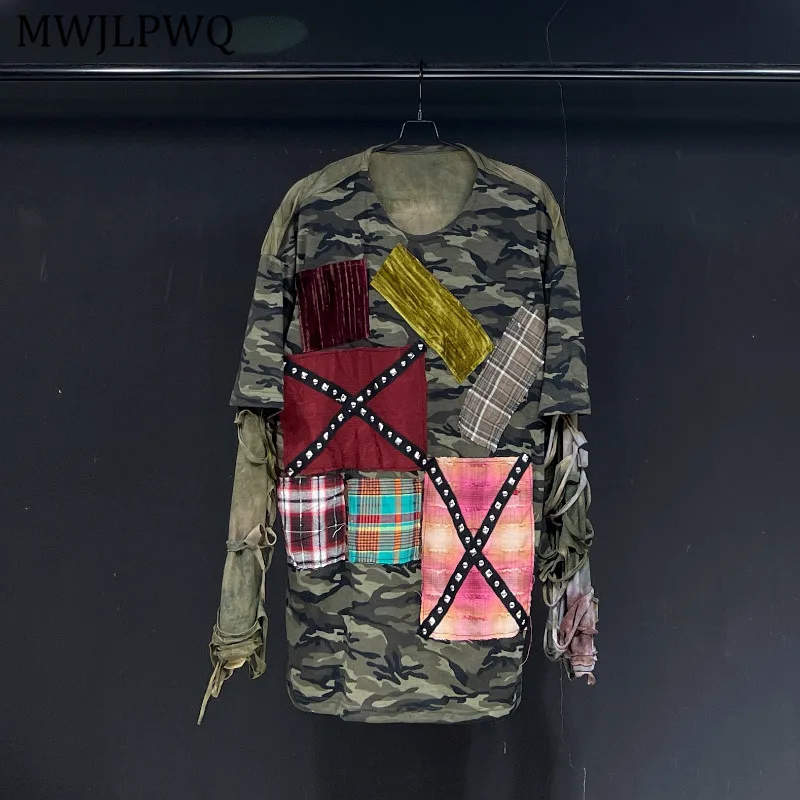 

MWJLPWQ камуфляжная футболка с нашивками для мужчин, свободные повседневные топы в стиле хип-хоп с длинными рукавами и круглым воротником, новинка 2023 года, Tide 11428