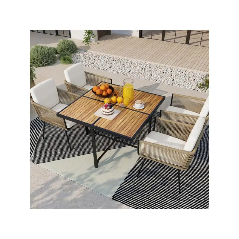 43,5 inch vierkante buitentafel van acaciahout - metalen X-frame, stoelen 4, natuurlijke afwerking, zwarte accenten, capaciteit van 180 lbs