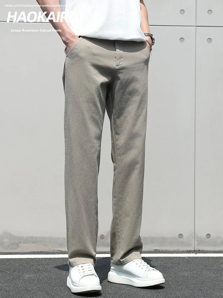 

Прямые повседневные брюки из чистого хлопка, мужские свободные брюки большого размера, весенние новые модные прямые брюки-трубы в американском стиле ретро