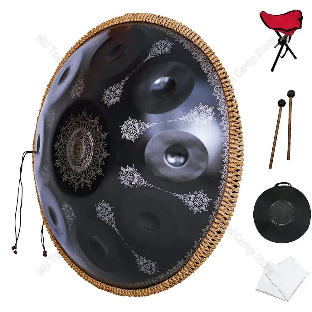 

Black drum handpan instrument 432HZ 9/10 tones approx. 56cm tambor hand-carved pattern high quality steel tongue drum