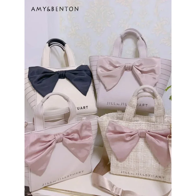 25COSJapanese Jill Bow Decorative Handbag Women Girly Versatile Messenger Bag Sweet Cute Canvas Bag Graceful Trendy Handbag Stud