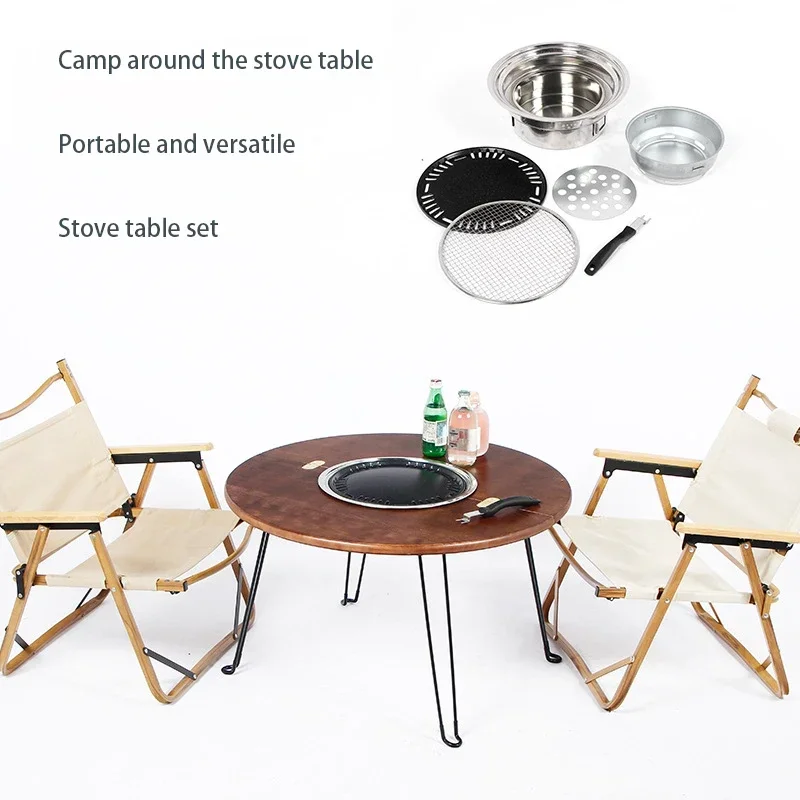 Outdoor Table with Charcoal BBQ Grille Portable Camping Hot Pot Meja Lipat  Wooden Folding Picnic Bamboo BBQ Table