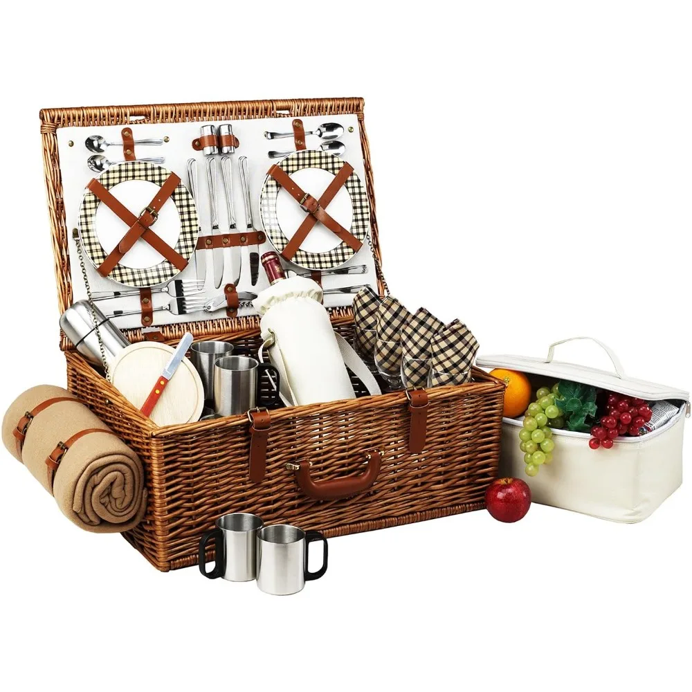 

Picnic Basket with Service for 4, Coffee Set and Blanket- Designed, Assembled & Quality Approved in the USA