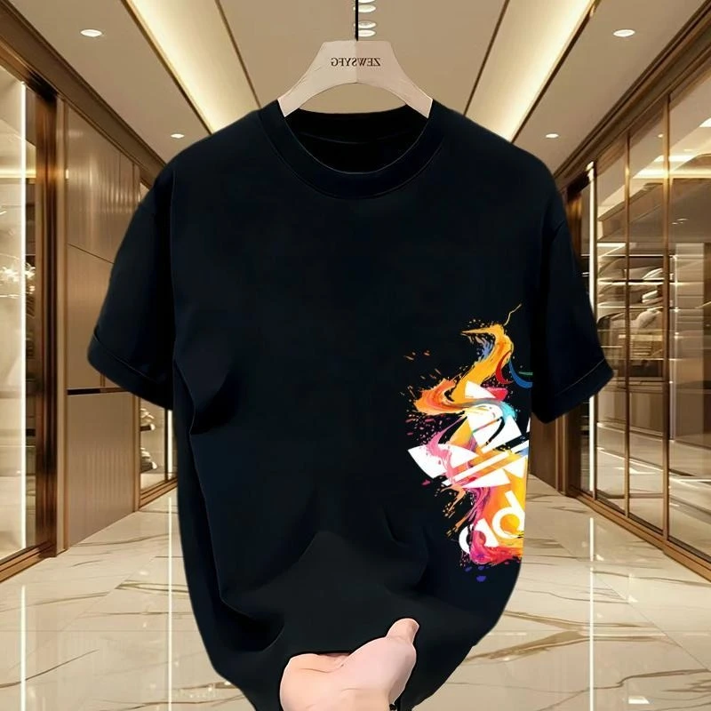 

Summer New Pure Cotton Short-sleeved T-shirt for Men with Printed Fashion and Casual Round Neck, Versatile and Half-sleeved