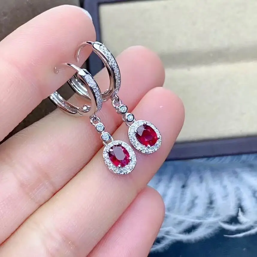 Luxury Fashion 925 Silver Synthetic Mozambique Pigeon Ruby Ear Buckle Drop Dangle Ruby Earrings 9/10/14K Solid Gold Ruby Jewelry