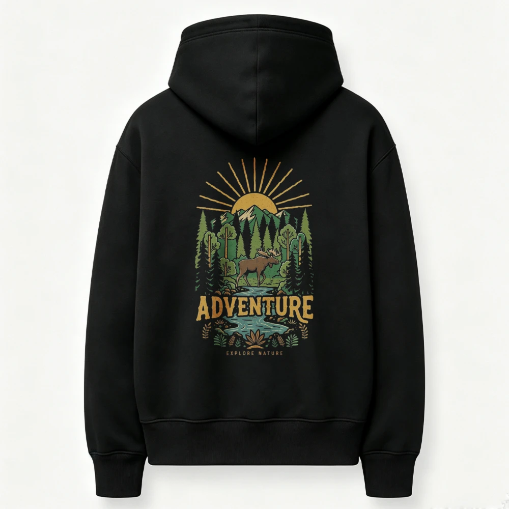 Adventure Moose Sunburst Mountain Pine Forest River Graphic Hoodie Front Print Sweatshirt Wilderness Outdoor Hiking Camping Tops