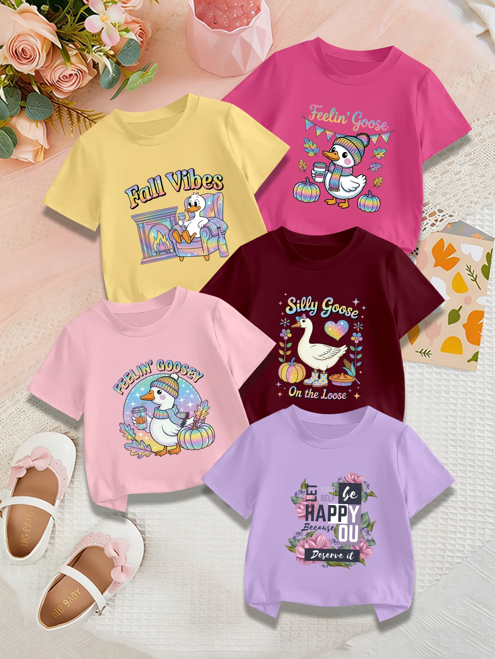 

5 штук: летние милые футболки для девочек с мультяшным рисунком утки и красочным принтом с английскими буквами