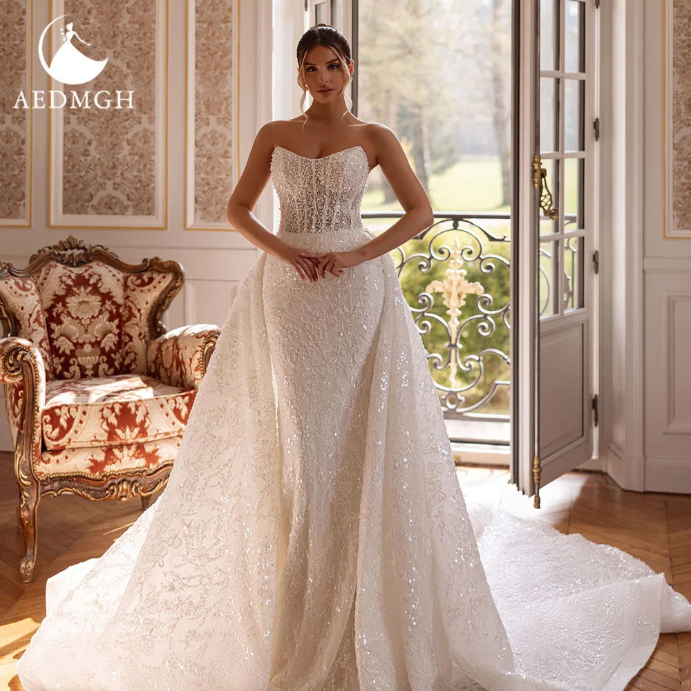 

Aedmgh Русалка Сексуальные свадебные платья без бретелек Vestido De Novia Кружевная вышивка со съемным шлейфом Роскошное свадебное платье на заказ