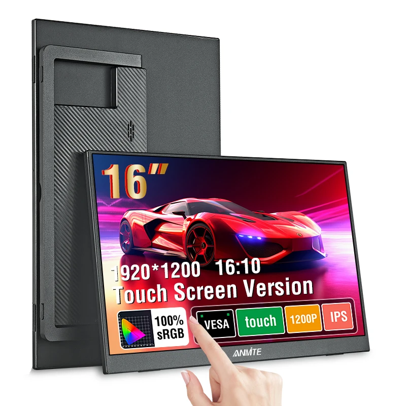 Anmite 16 Zoll tragbarer Touch-Monitor, optional ohne Touchfunktion, 1200P 1920*1200 HDR IPS externer Bildschirm, voll funktionsfähiger Typ-C HDMI Plug&Play, integrierter Lautsprecher, Low Blue Light
