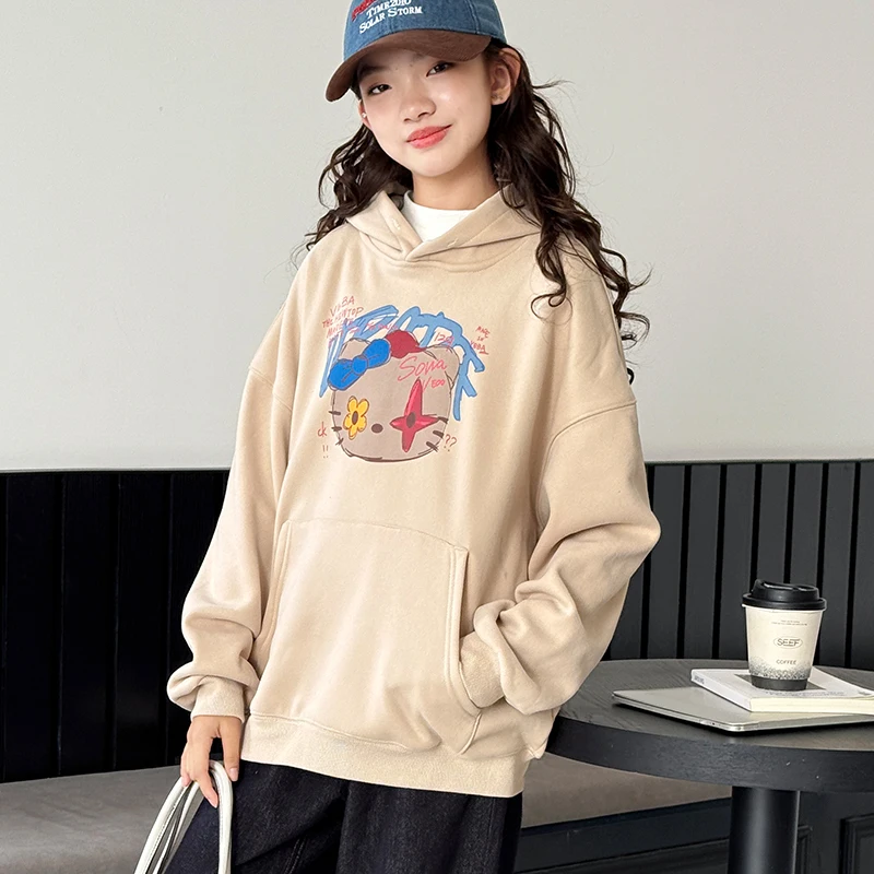 Girls' Winter Clothing with Velvet Hoodie 2025 Autumn/Winter New Children's Clothing with One piece Velvet Thick Cartoon Top Tre