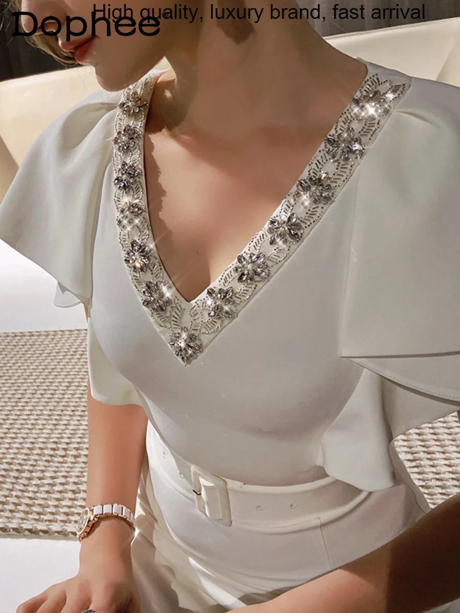 

Drilling High-End Hot Beaded White Midi Women Fashion V-neck Ruffles Dress 2023 Spring Summer New Office Lady Vestdios
